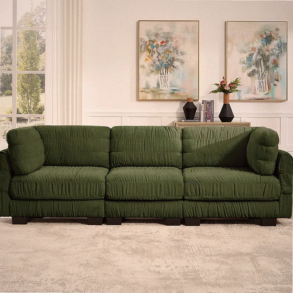 3 Seat Green Chenille Modular Sectional Sofa, L-Shape, Ruched Detailing