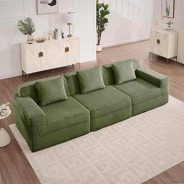 3-Seat Green Cloud Sectional Sofa, Corduroy Fabric, Deep Cushion - No Assembly