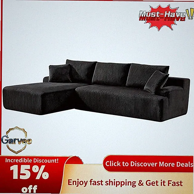 3-Seat L-Shape Boneless Sofa, Corduroy Cloud Couch, Left Facing Chaise, No Asse