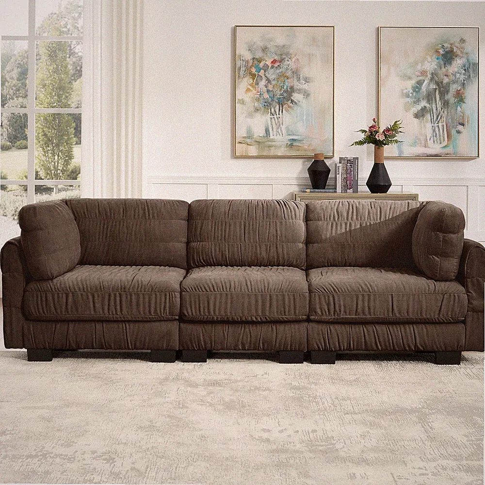 3 Seat L-Shape Modular Sectional Sofa, Chenille Fabric, Brown