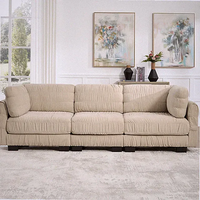 3 Seat L-Shape Modular Sectional Sofa, Chenille Fabric, Ruched Detailing, Camel