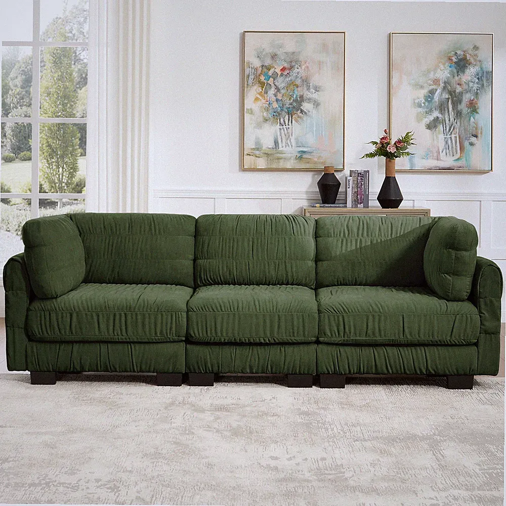 3 Seat L-Shape Modular Sectional Sofa, Chenille Fabric, Ruched Detailing, Green