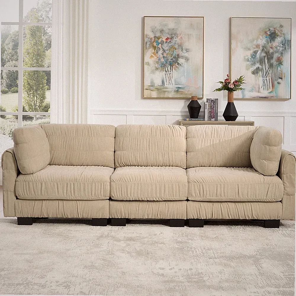 3 Seat L-Shape Modular Sectional Sofa, Chenille, Ruched Detailing, Camel