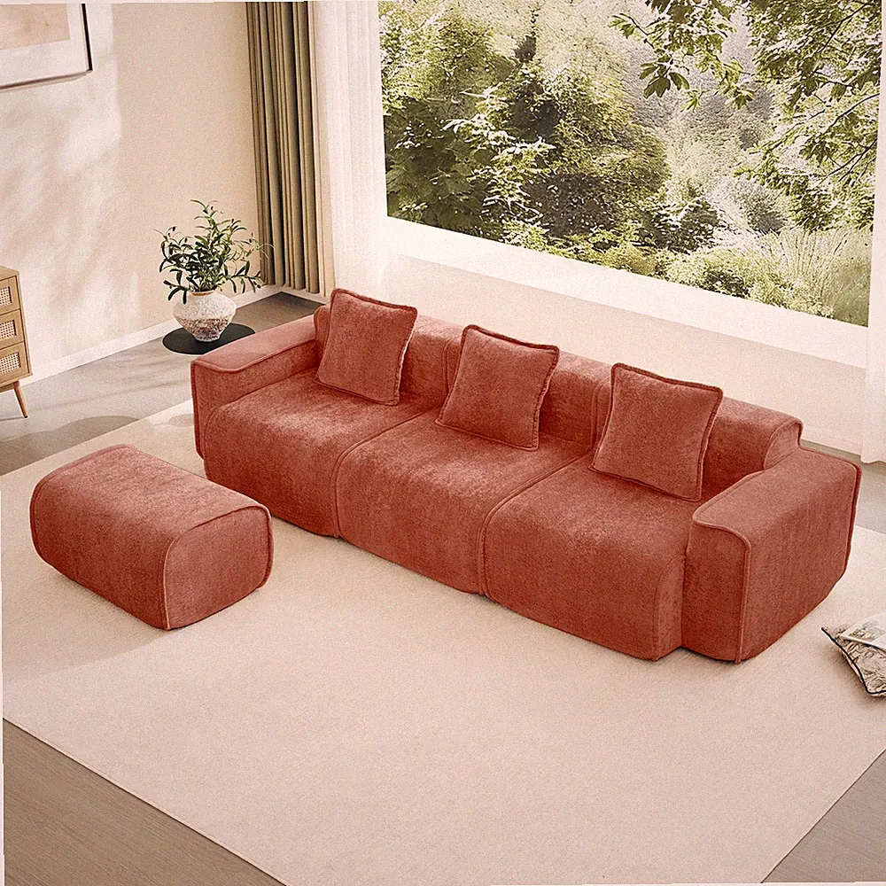 3-Seat L-Shape Modular Sectional Sofa Velvet Red w/ Ottoman
