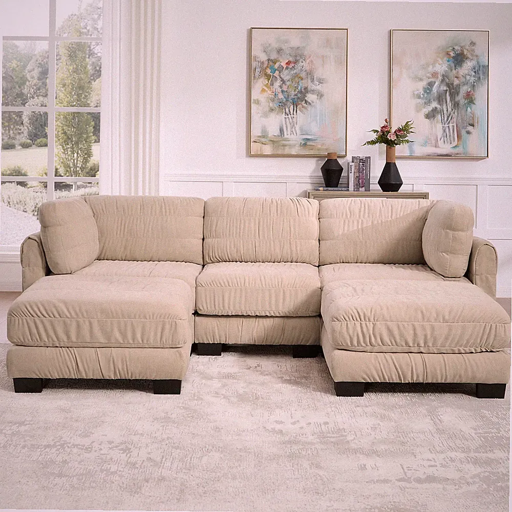 3 Seat L-Shape Modular Sectional Sofa with Ottoman, Chenille, Camel
