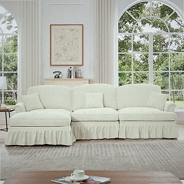 3-Seat L-Shaped Sectional Sofa with Chaise & Ottoman, Beige Chenille