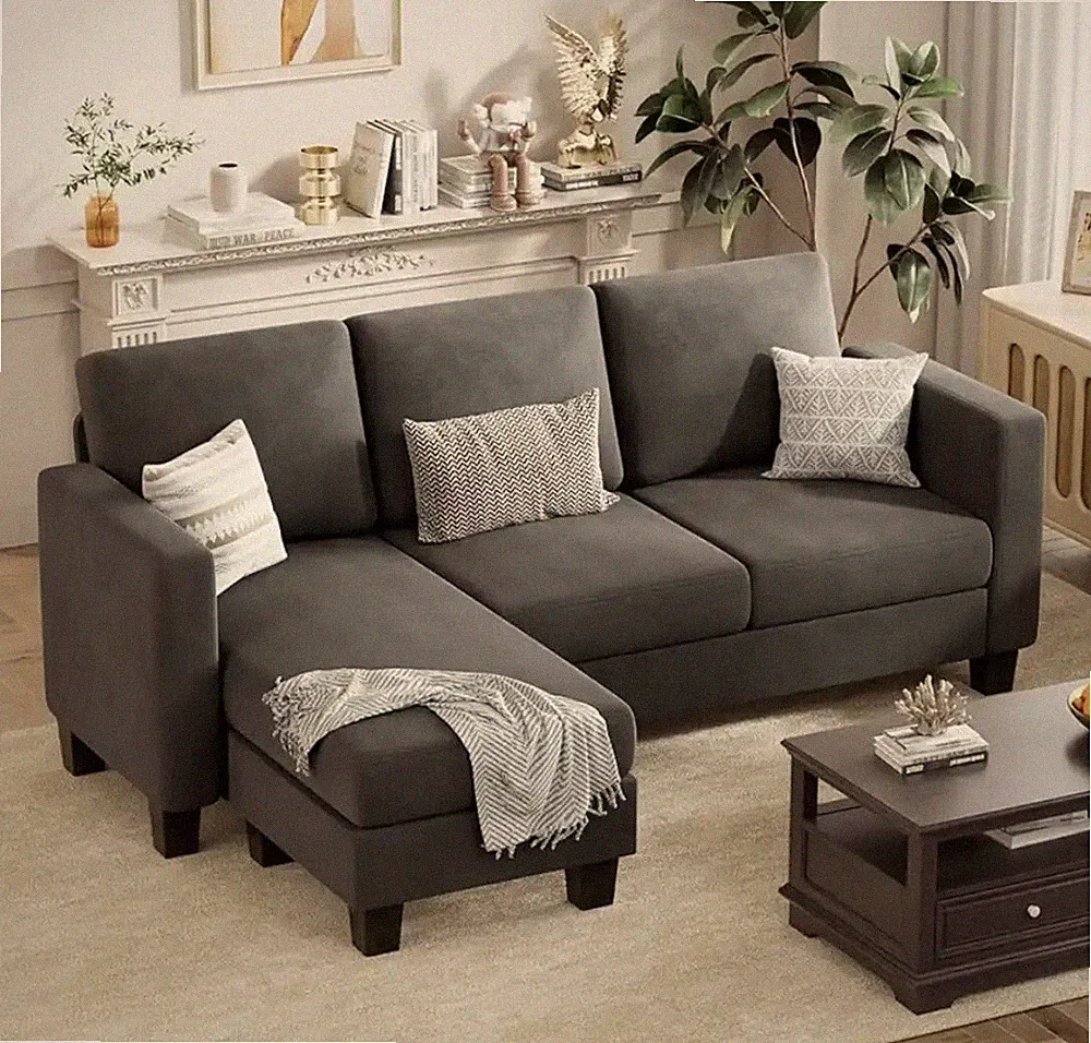 3 Seat L-Shaped Sofa With Linen Fabric Sectional Sofa Couch Movable Ottoman