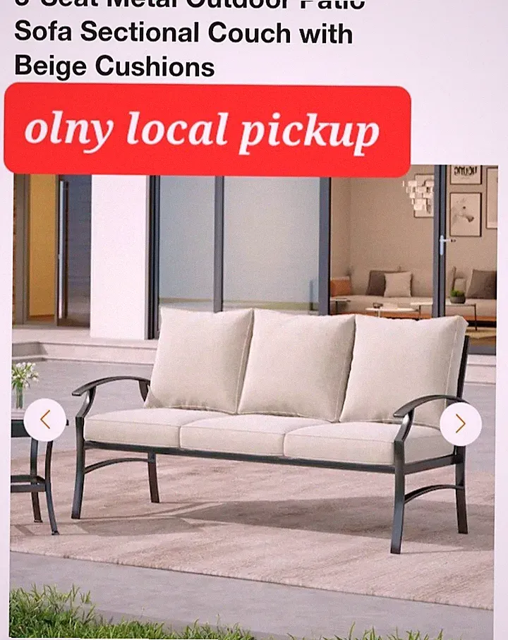 🎋 3-Seat Metal Outdoor Patio Sofa Sectional Couch with Beige Cushions🆕️