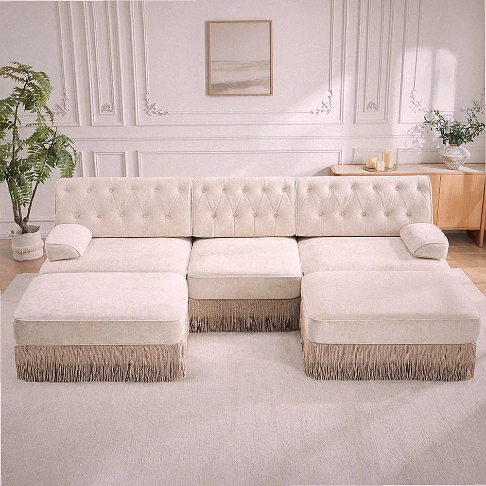 3-Seat Modular Chesterfield Sectional Sofa in Beige Velvet Chenille
