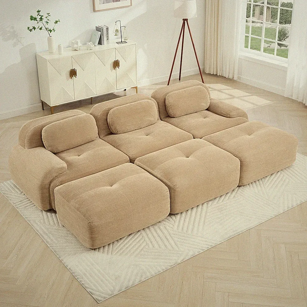 3-Seat Modular Sectional Sofa, Camel Corduroy, Pet-Friendly, No Tools Assembly