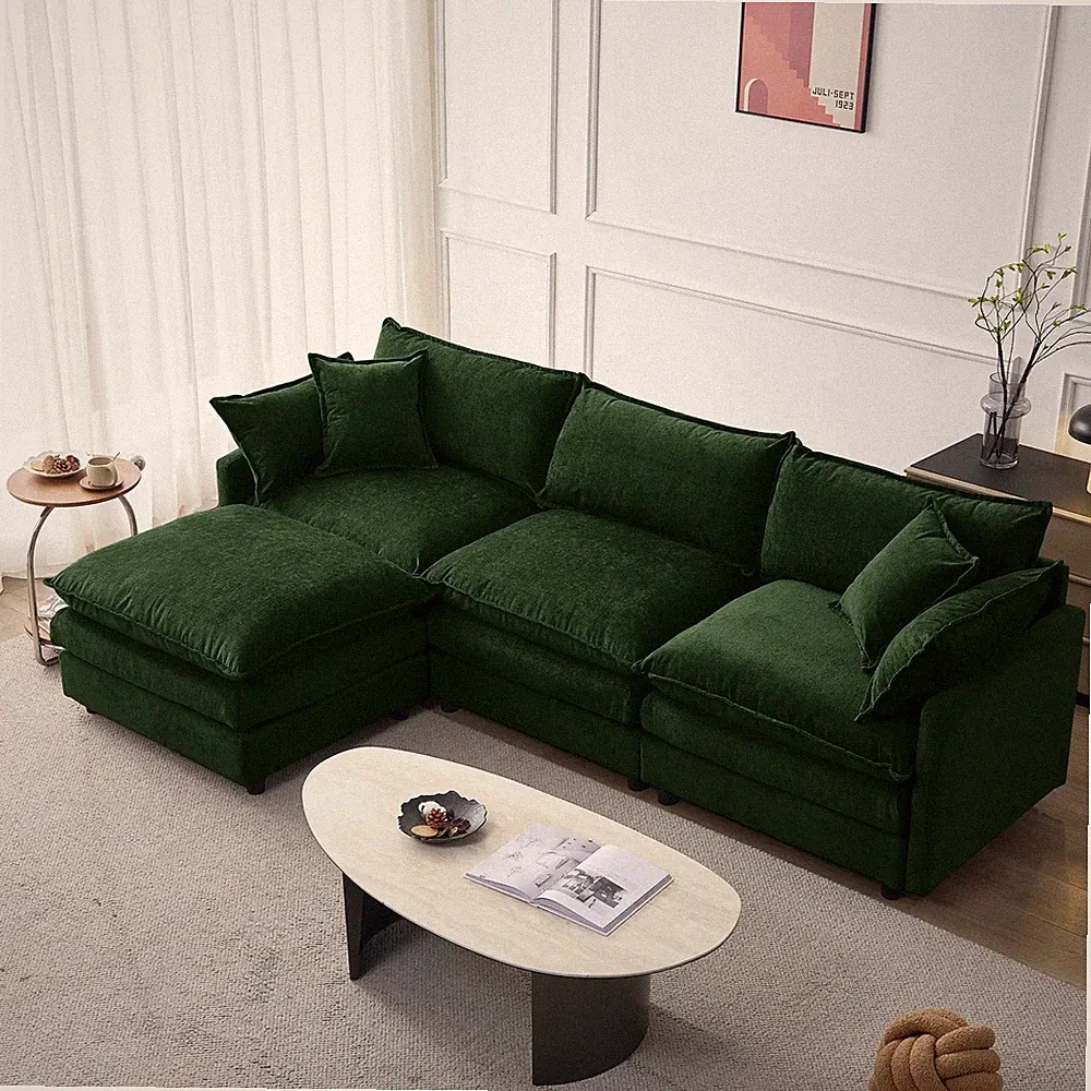 3-Seat Modular Sectional Sofa Chenille with Ottoman L-Shape Couch Green