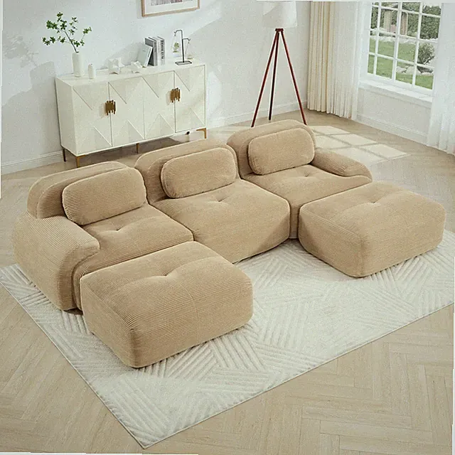 3-Seat Modular Sectional Sofa, Corduroy Fabric, Camel, No Assembly Required