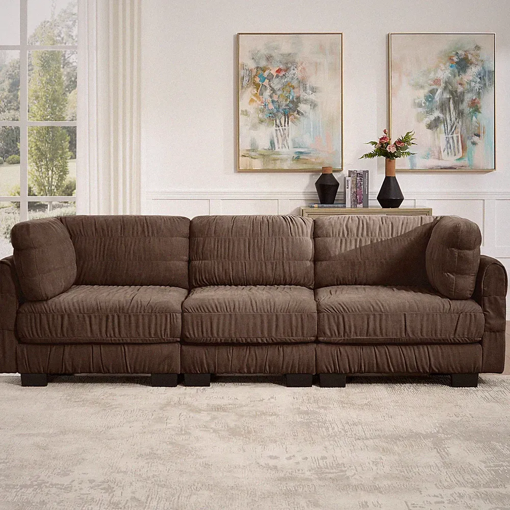 3 Seat Modular Sectional Sofa L-Shape Chenille Fabric Brown