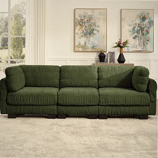 3 Seat Modular Sectional Sofa, L-Shape, Chenille Fabric, Green
