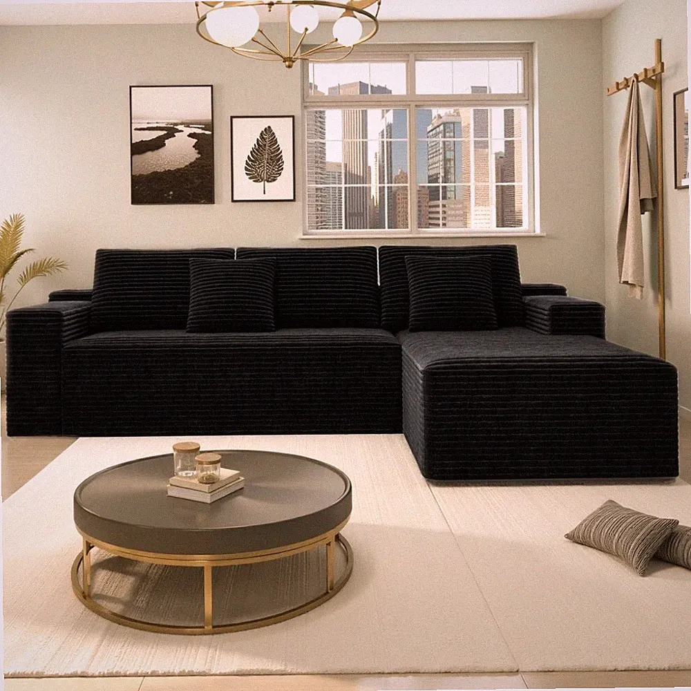3 Seat Modular Sectional Sofa Sleeper w/ Chaise Lounge Black Corduroy Fabric