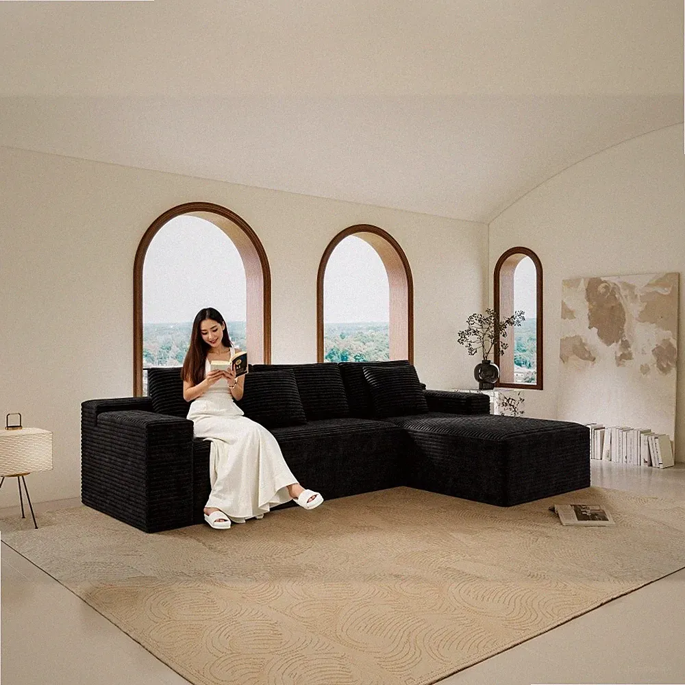 3 Seat Modular Sectional Sofa Sleeper w/ Chaise Lounge Black Corduroy Fabric