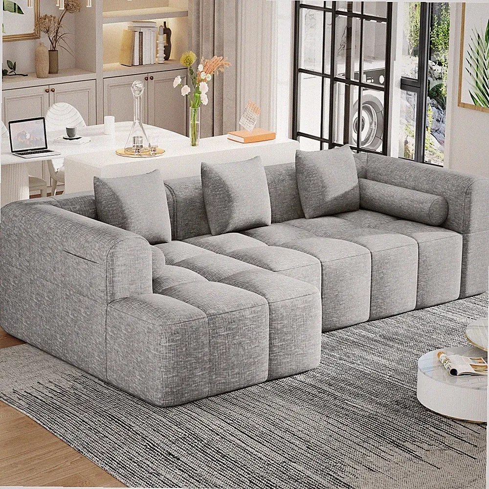 3-Seat Modular Sectional Sofa, Tufted Back with Side Pockets, Light Grey