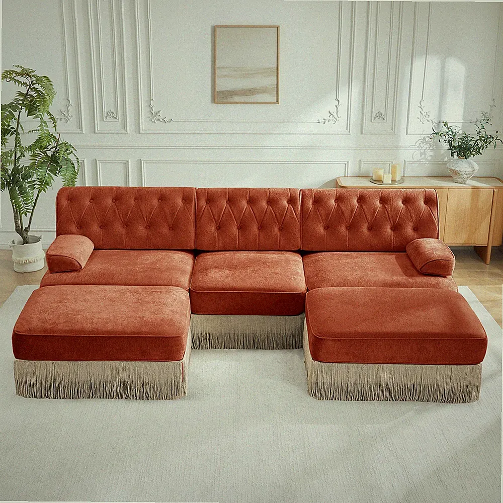 3-Seat Modular Sectional Sofa Velvet Upholstered Chesterfield Style w/Ottoman