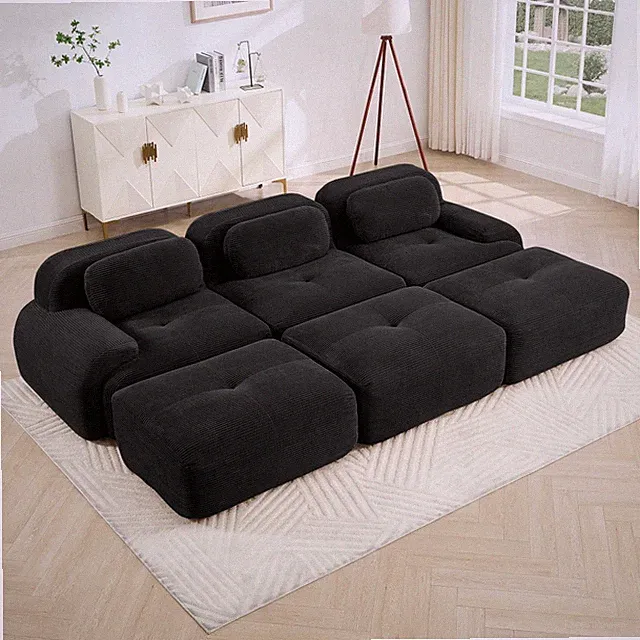 3-Seat Modular Sectional Sofa w/ Ottomans, Corduroy Fabric, No Assembly, Black