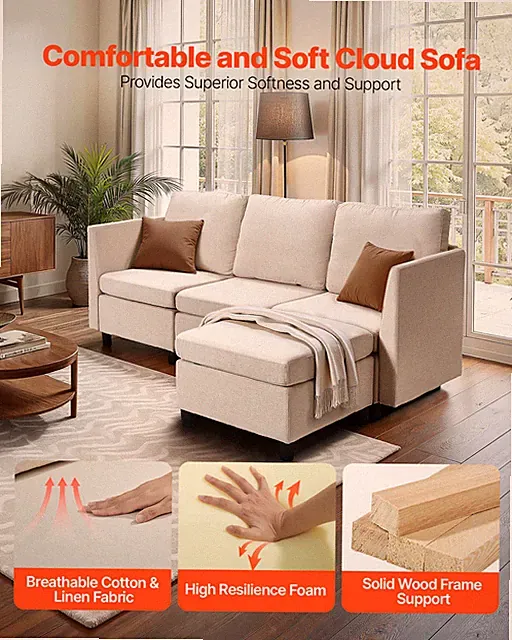 3 Seat Modular Sectional Sofa w/ Storage Ottoman Cloud Couch Beige