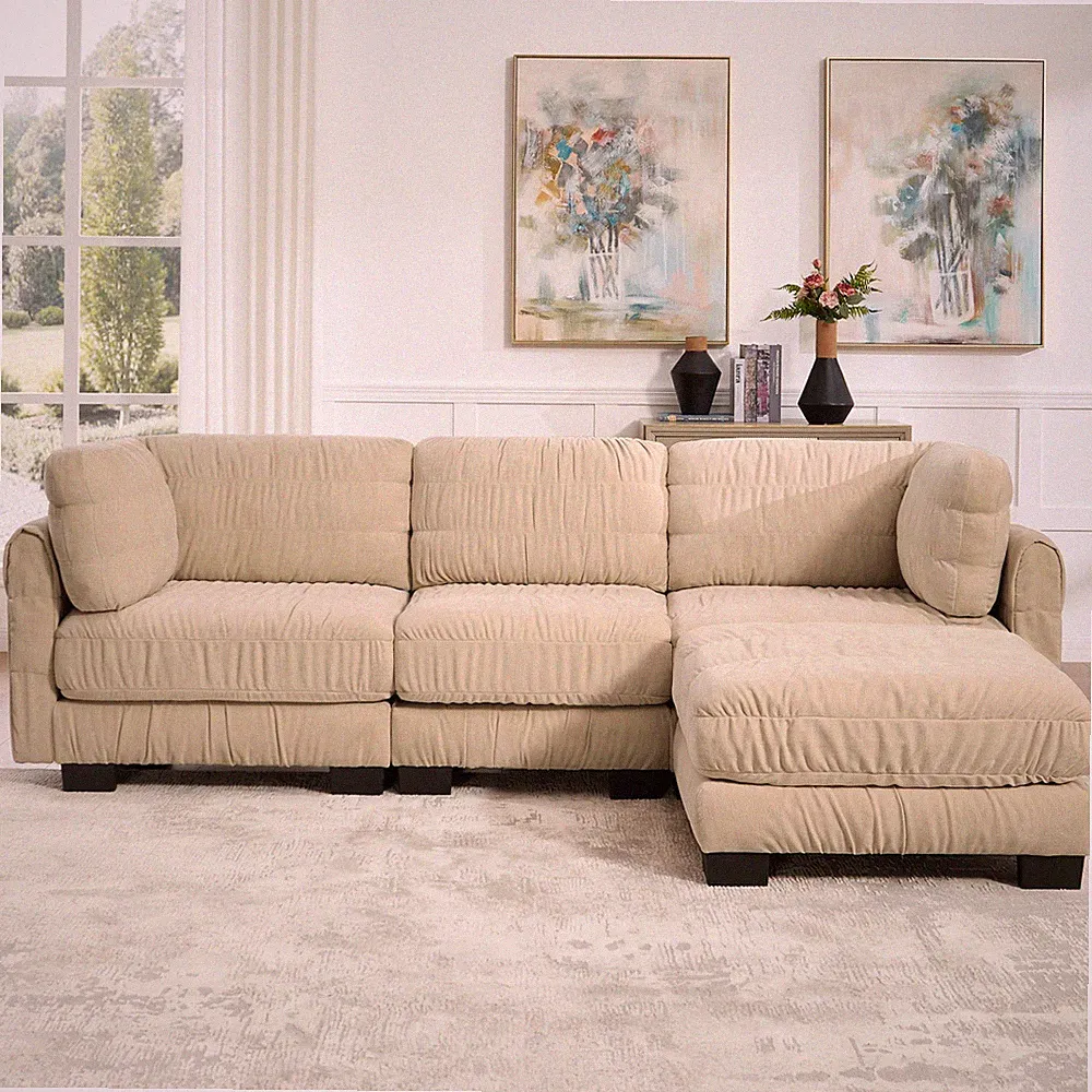 3 Seat Modular Sectional Sofa with Ottoman, L-Shape, Chenille, Camel