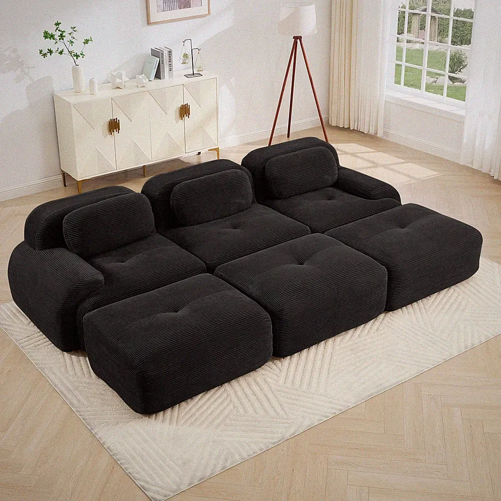 3-Seat Modular Sectional Sofa with Ottomans, Corduroy Fabric, No Assembly