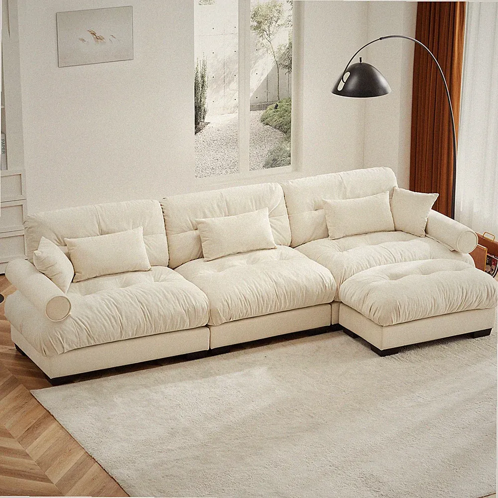 3-Seat Modular Sectional Velvet Sofa w/ Ottoman, Cream L-Shape Sofa