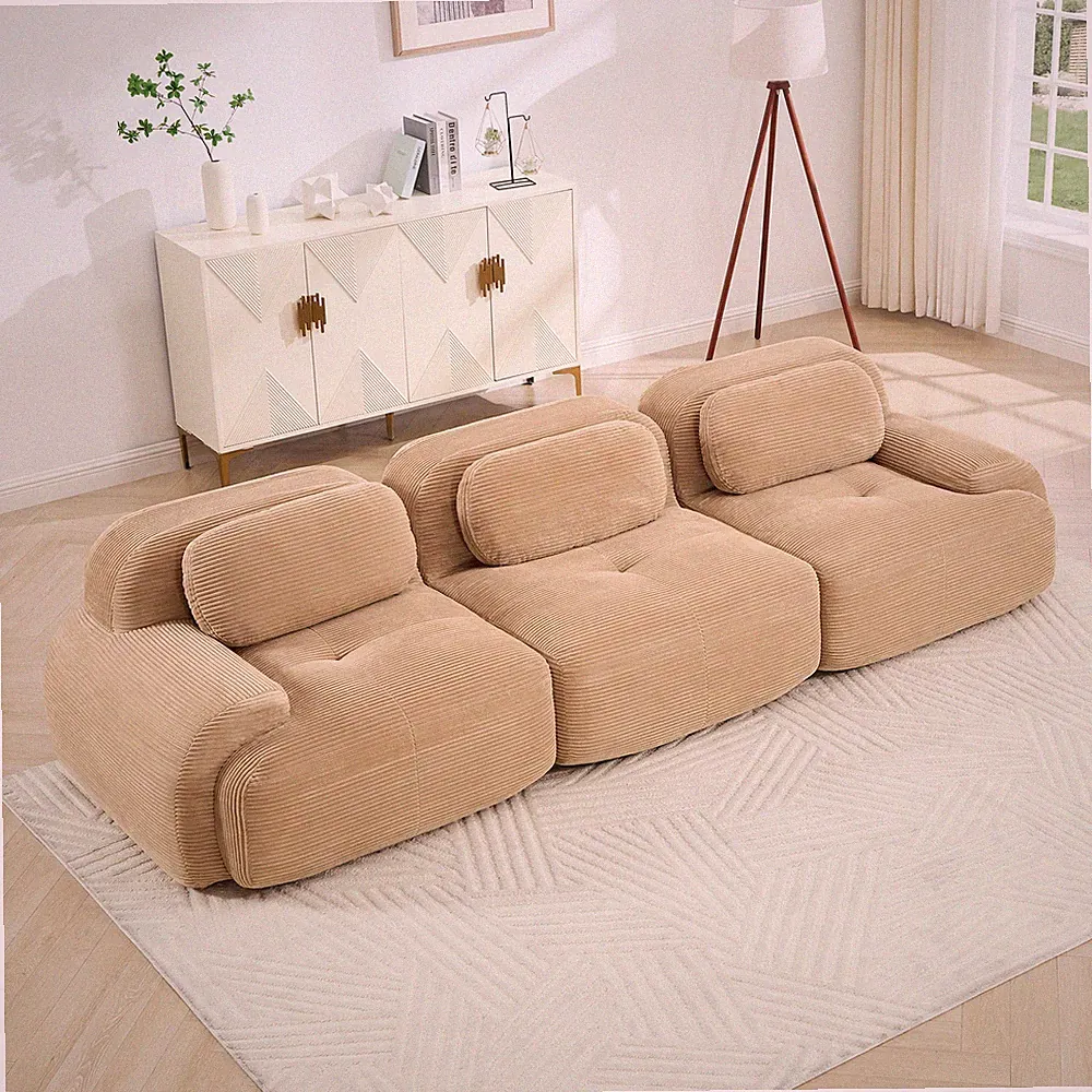 3 Seat Modular Sofa, Curved Armrest Sectional No Assembly, Corduroy, Camel