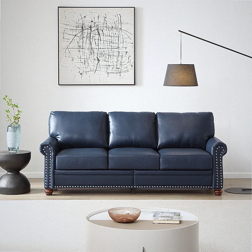 3-Seat Navy Blue Faux Leather Sectional Sofa with Round Arms & Storage