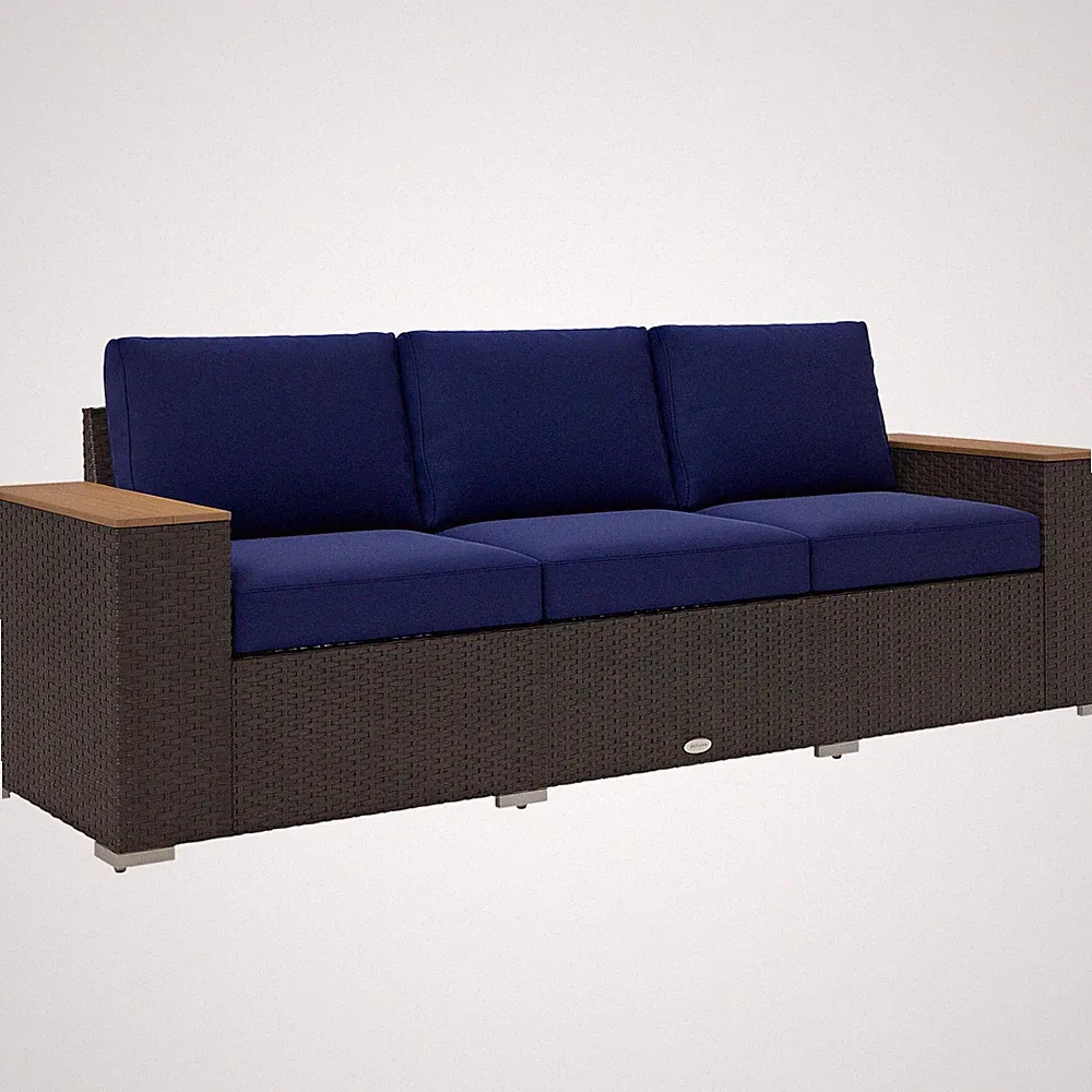 3-Seat Outdoor Sofa, Wicker Patio Couch, Wide Deep Seat, Navy Blue