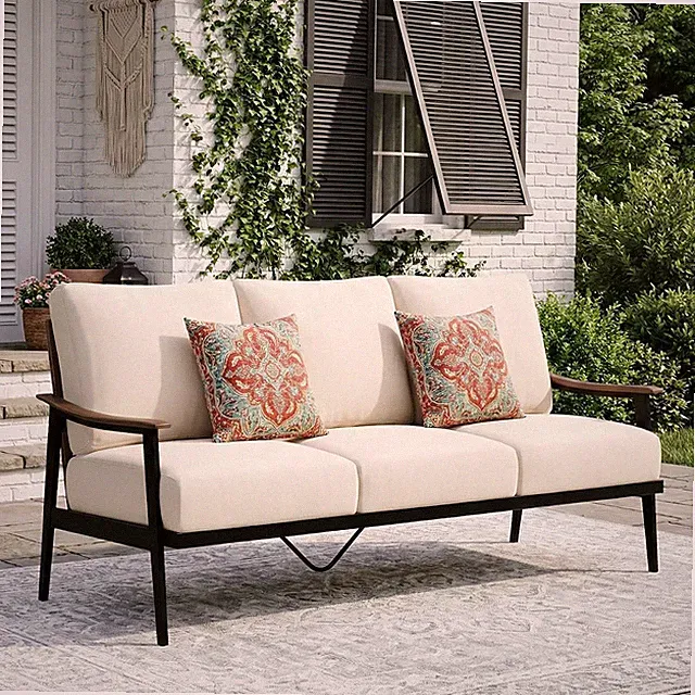 3-Seat Patio Couch Sofa, Wicker Back, Woodgrain Arm | Metal Outdoor Sofa with Ad