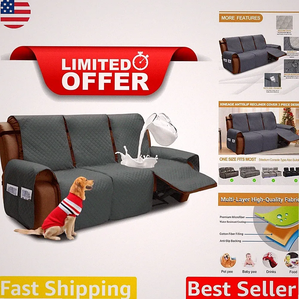 3 Seat Recliner Cover Dark Gray Thick Quilted Pet Scratch Resistant Sofa
