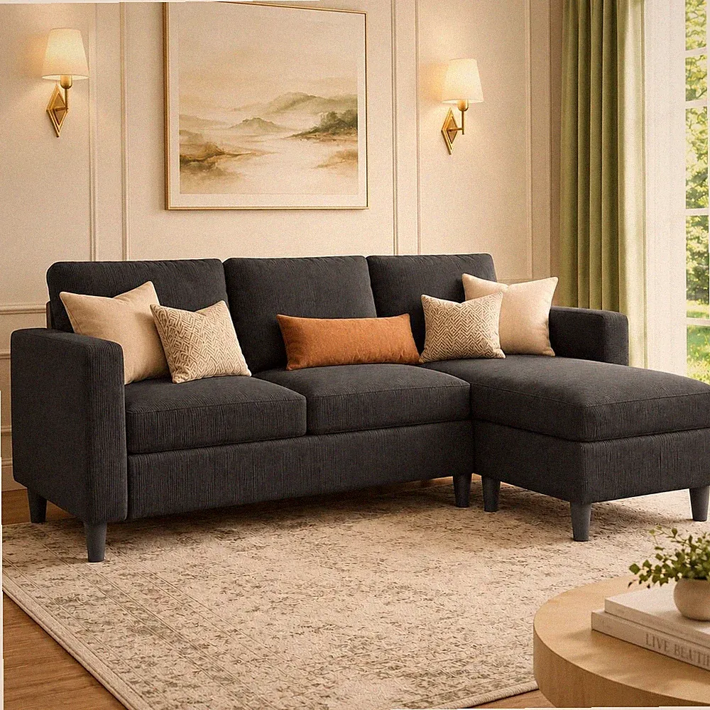 3-Seat Reversible Sectional Sofa & Office, Easy Tool-Free Assembly, Grey