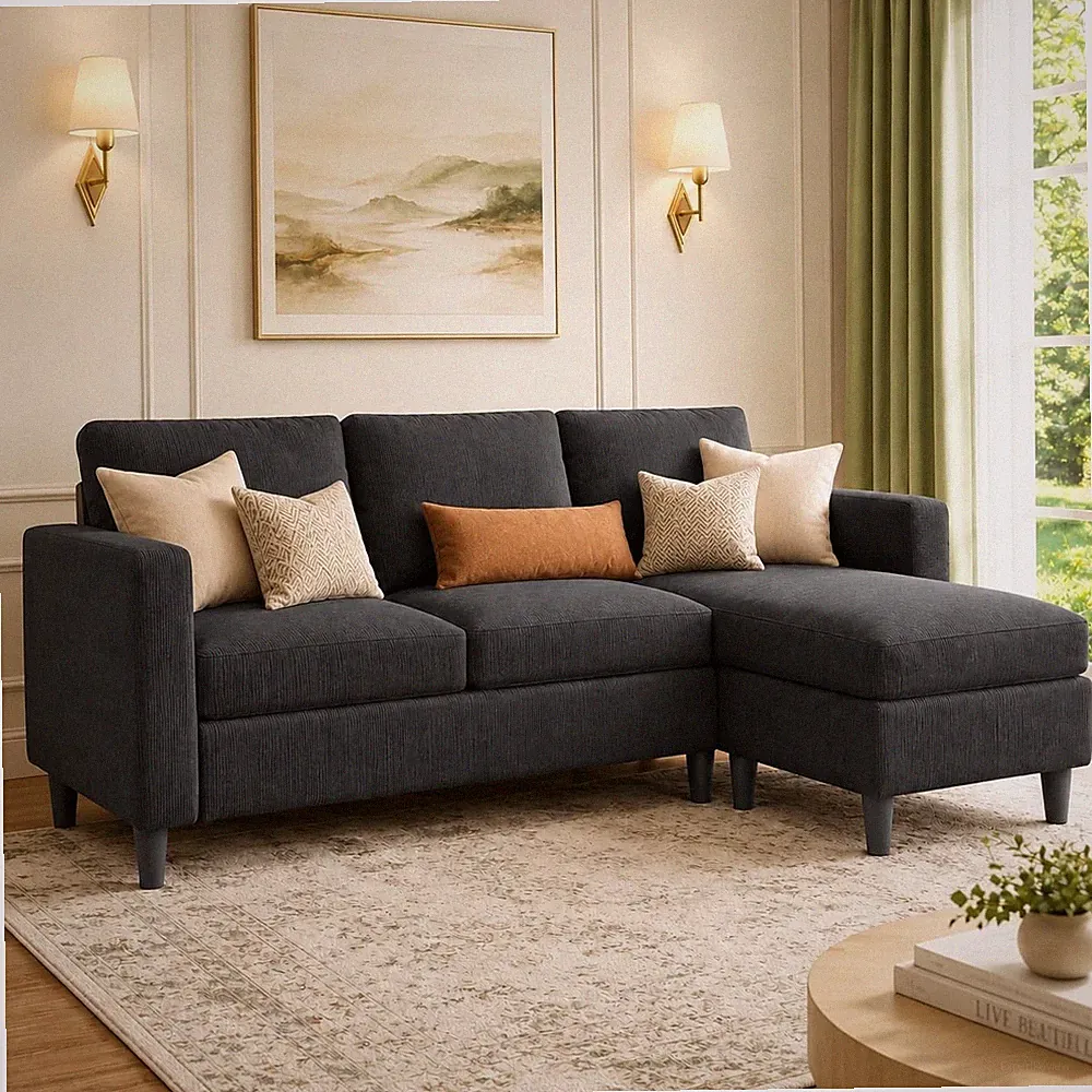 3-Seat Reversible Sectional Sofa W/ Convertible Ottoman Modern Ribbed Fabric