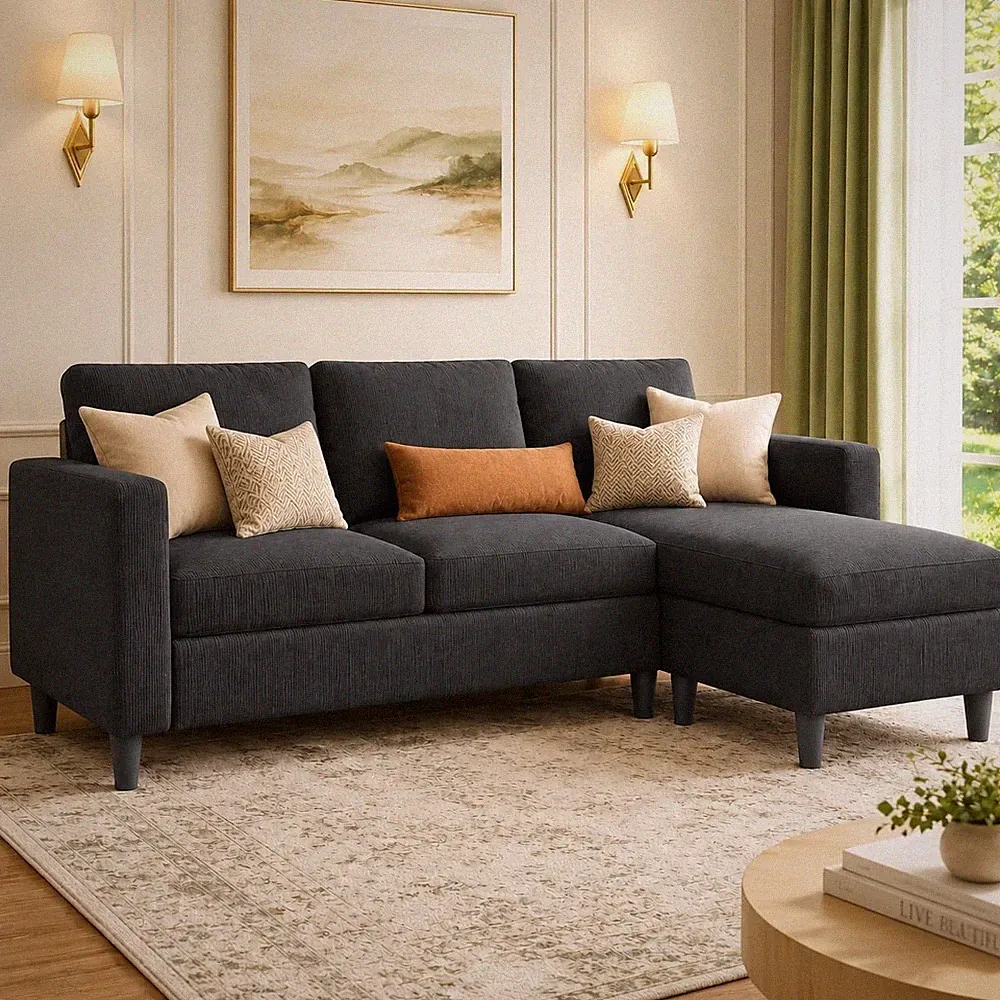 3-Seat Reversible Sectional Sofa W/ Ottoman Small Couch Grey