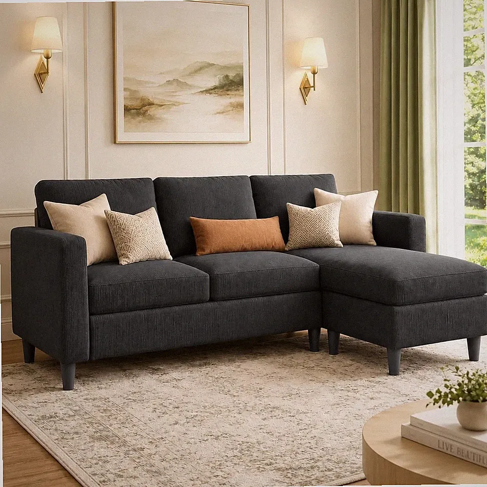 3-Seat Reversible Sectional Sofa W/ Ottoman Small Couch Grey