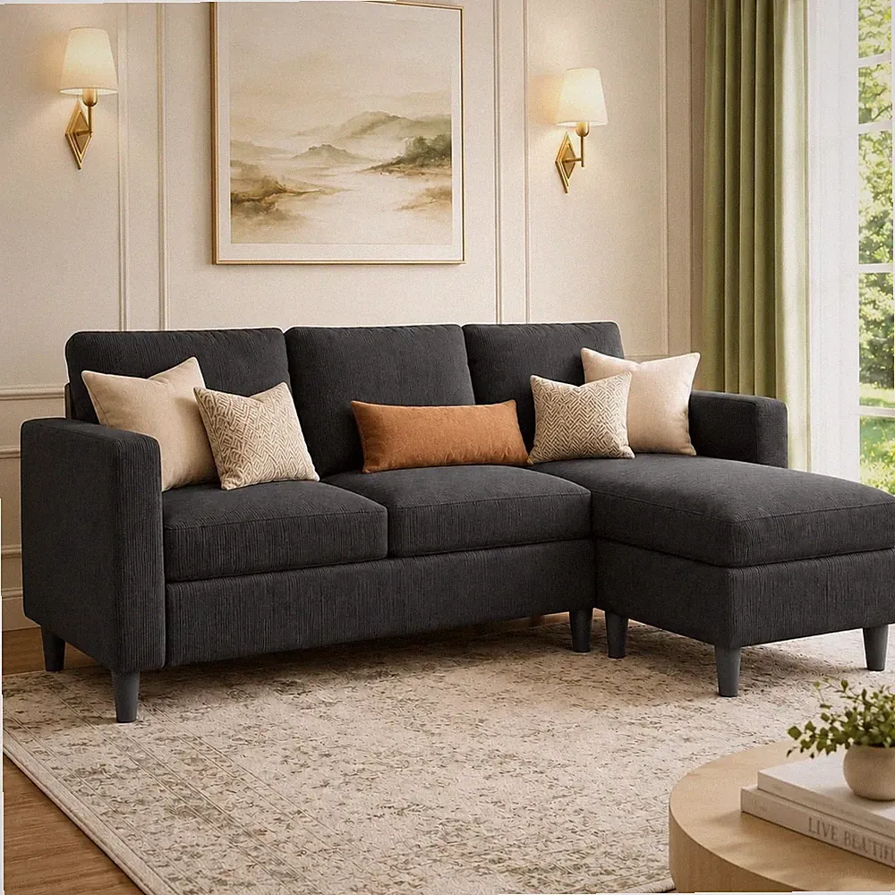 3-Seat Reversible Sectional Sofa with Ottoman Small Couch Grey