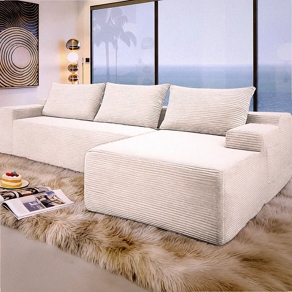 3-Seat Sectional Couch Modular Cloud Sofa with Chaise Lounge & 3 Throw Pillows