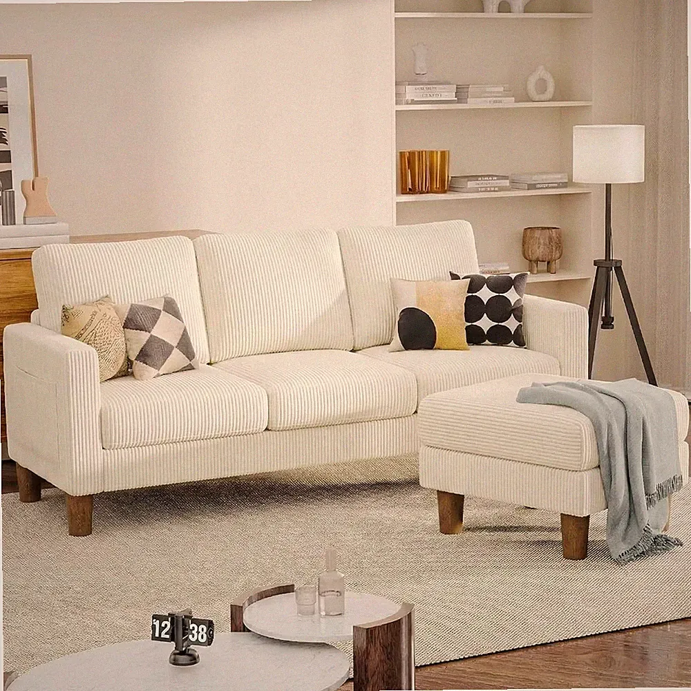 3 Seat Sectional Sofa Removable Footrest Chaise Cream Corduroy Modern Ottoman