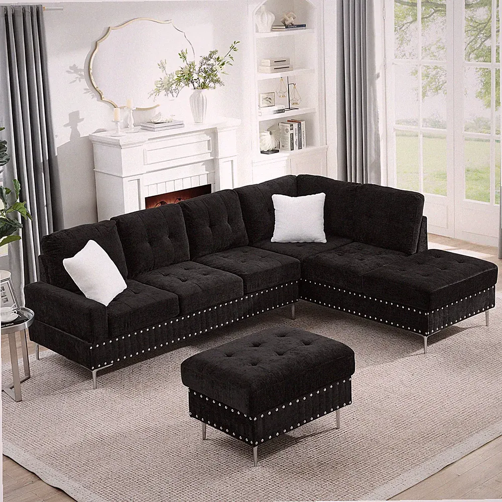 3-Seat Sectional Sofa with Chaise & Storage Ottoman, Black (102" x 76" x 35")