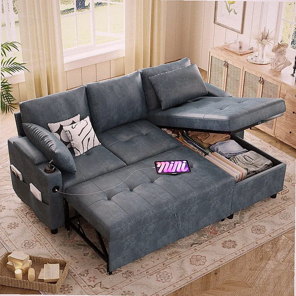 3-Seat Sleeper Sofa Bed, Blue Suede Leather, Reversible Chaise, Storage & USB