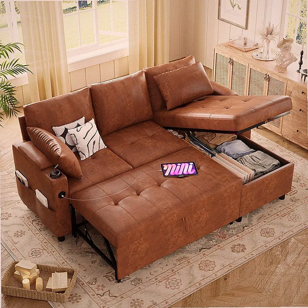 3-Seat Sleeper Sofa Bed, Blue Suede Leather, Reversible Chaise, Storage & USB