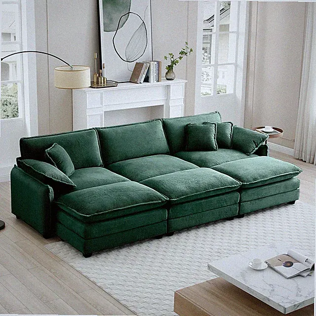 3-Seat Sleeper Sofa Bed w/ 3 Ottomans, Corduroy, Retro Green