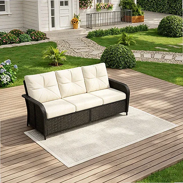 3-Seat Sofa Rattan Armrest Sofa Set Cushion Patio Furniture/Coffee Table /Ottoma
