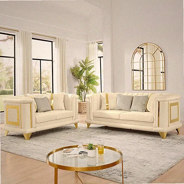 3-Seat Stainless Steel Sofa Tufted Beige 89"