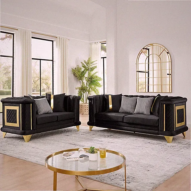 3-Seat Stainless Steel Sofa Tufted Black 89"
