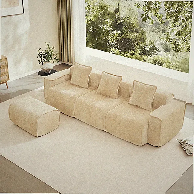 3-Seat Velvet Sofa Sectional w/ Ottoman & Pillows, Light Camel, No Assembly