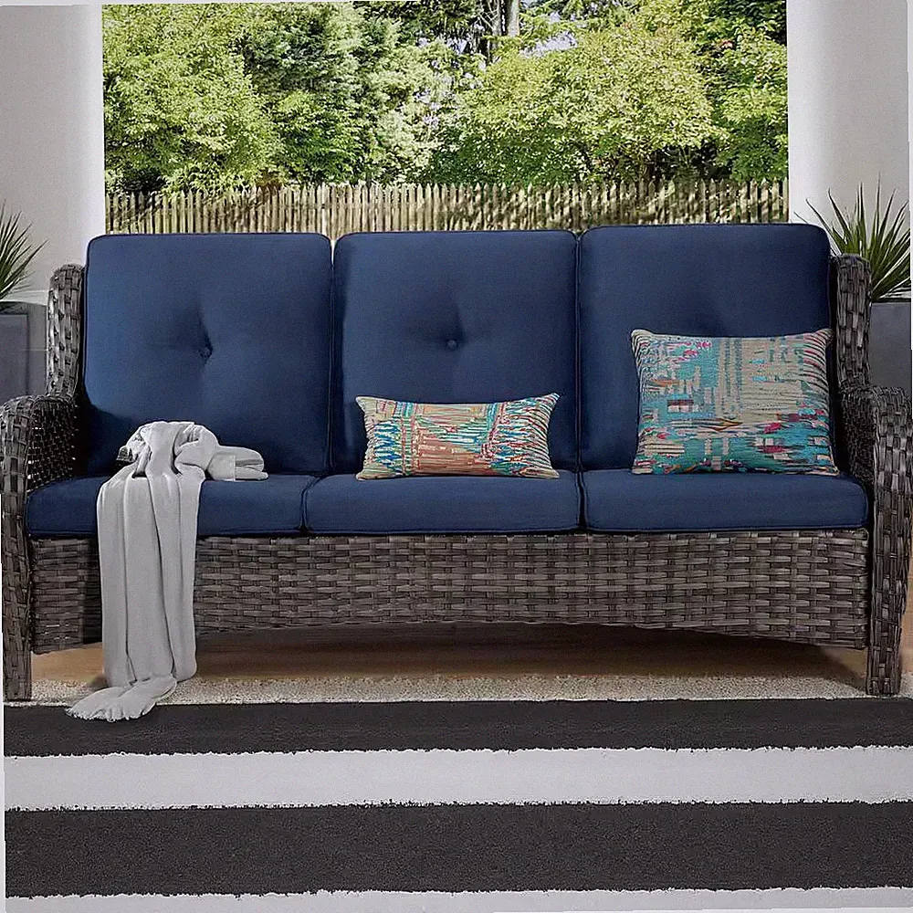 3-Seat Wicker Outdoor Patio Sofa Sectional Couch with Blue Cushions