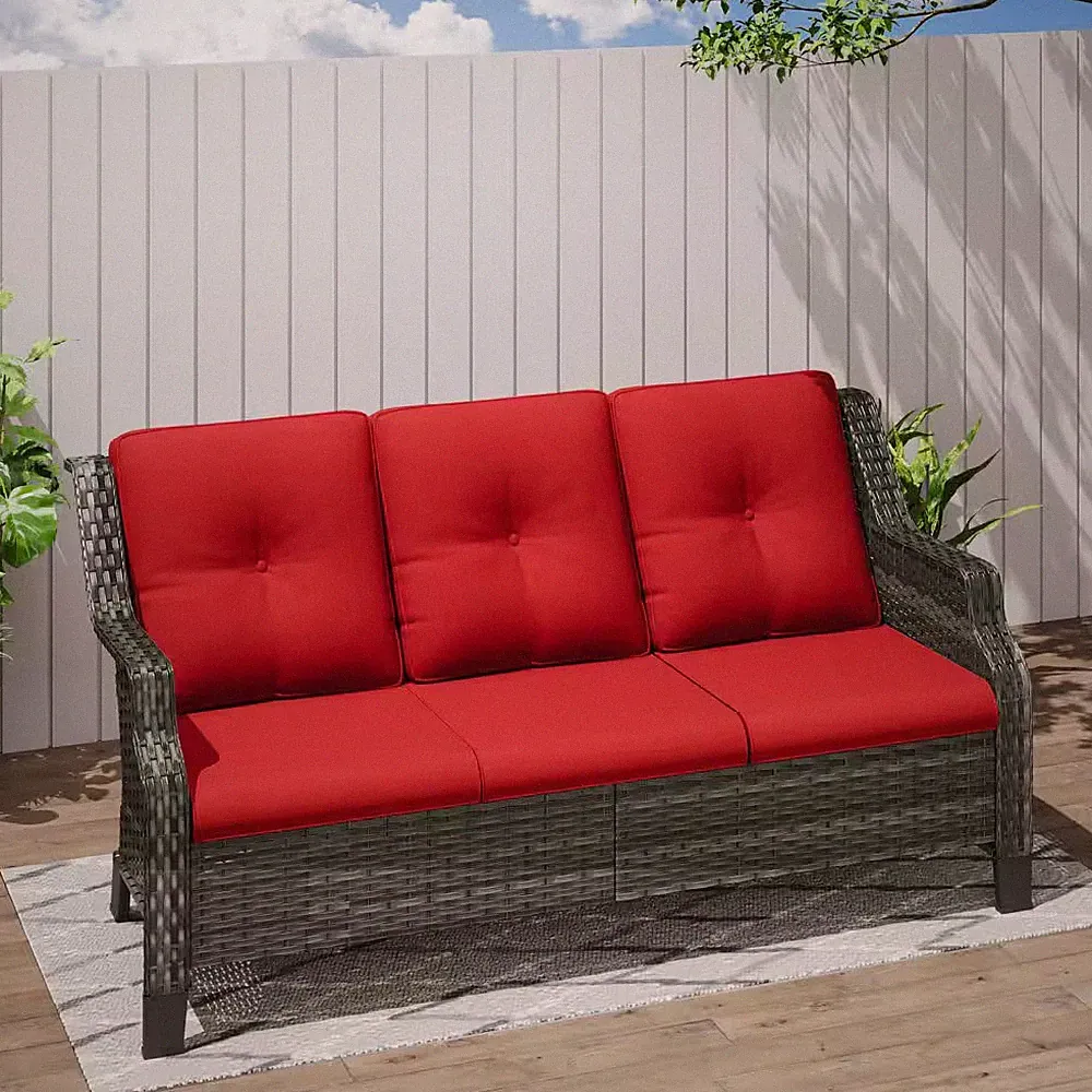 3-Seat Wicker Outdoor Patio Sofa Sectional Couch with Red Cushions