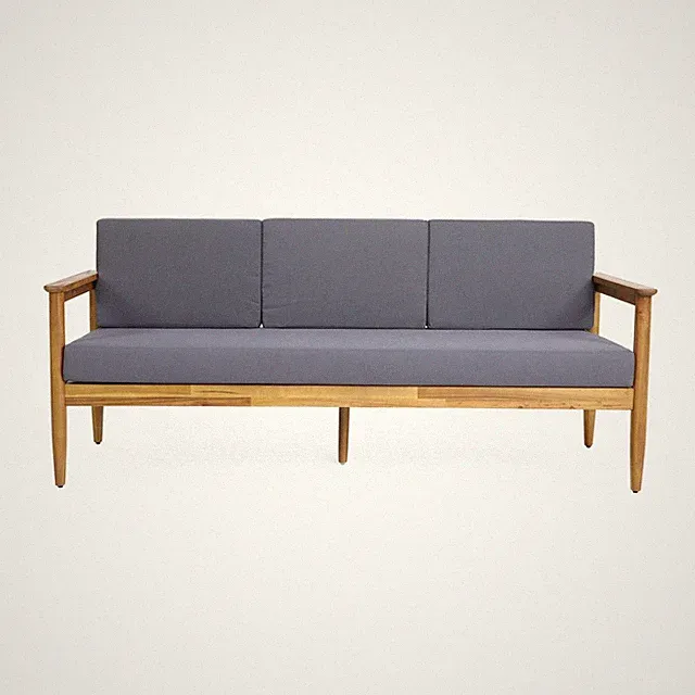 3 Seater Acacia Wood Sofa with Water-Resistant Cushions and Slat